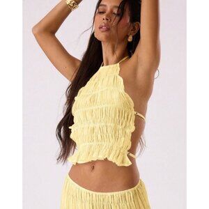 Musera Women's Halter Tank Top L Yellow High Neck Shirred Boho Summer Vacation